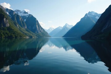Fototapeta premium Majestic fjord mountains mirrored in still lake water, reflective, dark