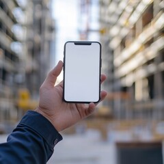 Construction Site Smartphone Mockup: A worker displays a blank screen phone against a blurred background of buildings under construction