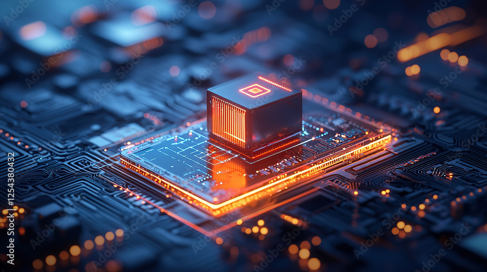 Poster glowing microchip sits on complex circuit board, symbolizing advanced technology and innovation. int