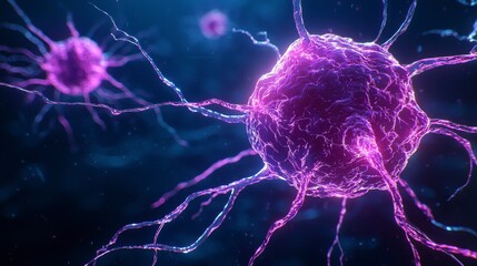 Glowing Purple Neuron Network Microscopic View