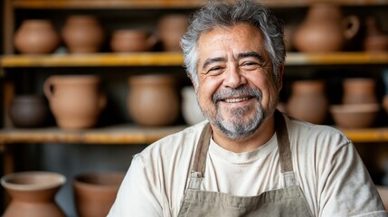 Senior Hispanic artisan smiling in pottery workshop. Great for craftsmanship, small business, and cultural heritage content.