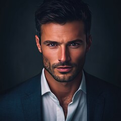 Obraz premium Handsome Man in Suit Intense Gaze Portrait