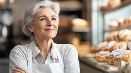 Elegant senior woman in bakery with display of pastries. Perfect for senior entrepreneurship, artisanal food, and small business success.