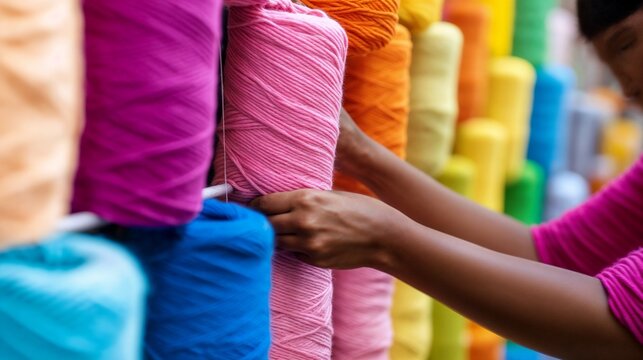 Hands selecting colorful spools of thread. Great for crafting, textile industry, and artisanal production content.