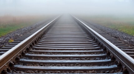 Fototapeta premium Railway tracks extending into misty horizon. Ideal for journey metaphors, future vision, and life direction concepts.