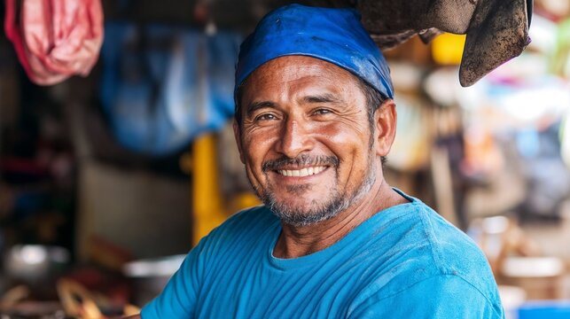 Cheerful Hispanic craftsman in workshop setting. Great for skilled trades, artisanal work, and small business stories.