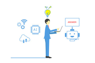 対話型AIを使ってアイデアを思いつくビジネスマンのイラスト