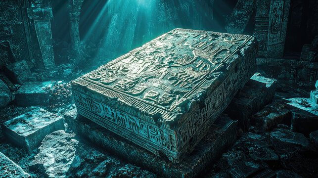 Ancient stone tablet with intricate carvings submerged in a mystical underwater environment