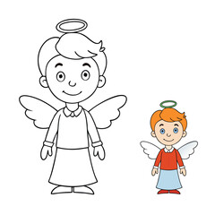 A festive Christmas angel boy coloring page featuring a sweet angel with wings, a halo, and a flowing robe, holding a star or a candle, spreading holiday joy and peace.