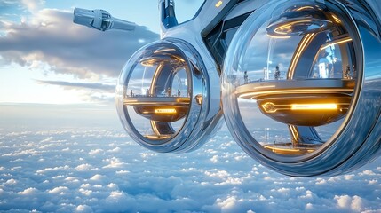 Futuristic Spaceship Above Cloudscape - Futuristic Transportation