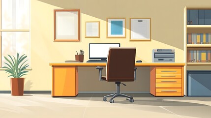 Office Workspace with Desk, Computer, and Bookcase