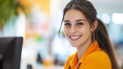 Fototapeta premium Young woman in orange shirt smiling brightly. Ideal for authentic happiness, youth lifestyle, and positive energy.