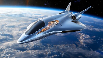 Naklejka premium Futuristic Spaceship Orbiting Earth - Futuristic Technology