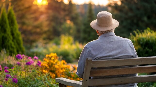 Senior man on bench in flower garden. Ideal for retirement lifestyle, peaceful moments, and garden appreciation.
