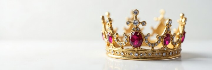 Obraz premium Regal crown adorned with sparkling gemstones on a pristine white background, glitter, golden, opulence