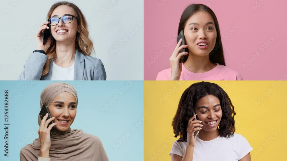 Aufkleber four women from various backgrounds are happily engaged in phone conversations, each presenting a un