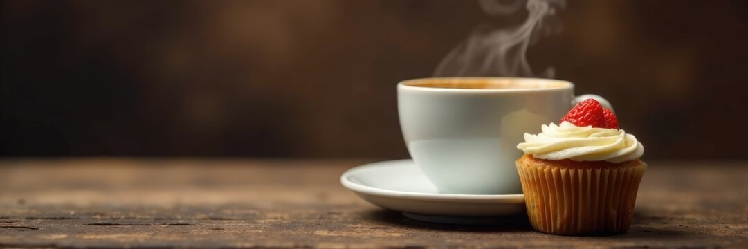 Rich aroma of freshly brewed coffee wafts from a steaming cup beside a delicate cupcake, fragrance, baking