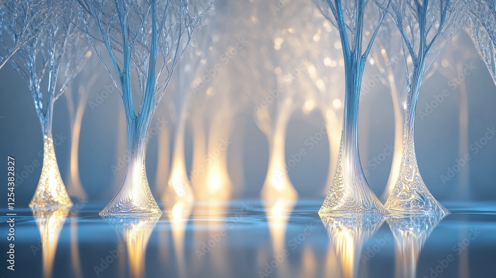 Poster glowing reflections in an abstract glass forest showcasing unique tree shapes at dusk. generative ai