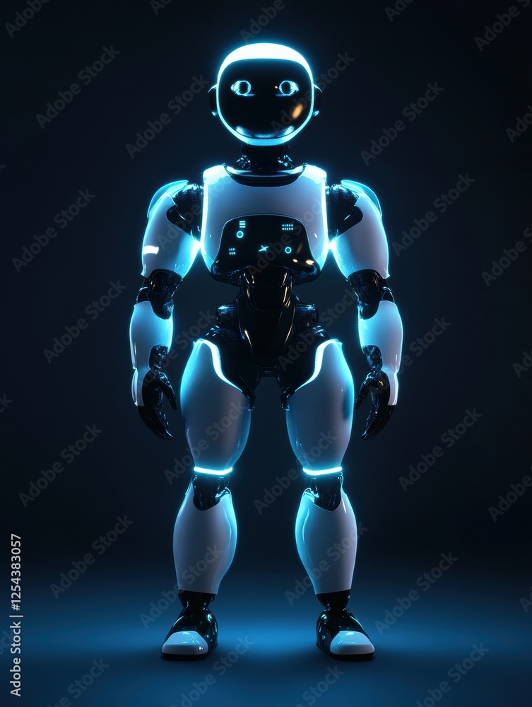 Poster glowing humanoid robot stands confidently in dark minimalist environment with vibrant blue accents. 