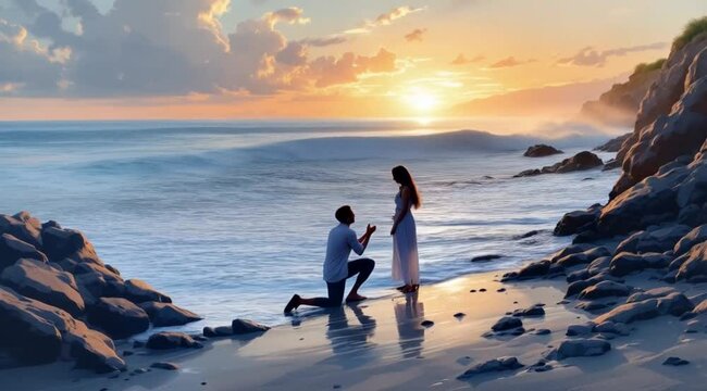Beach sunset proposal; romantic couple, ocean waves. Use romance, love, engagement