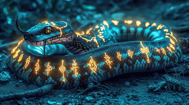 A vibrant, glowing snake resting on the forest floor, surrounded by lush greenery and mystical patterns