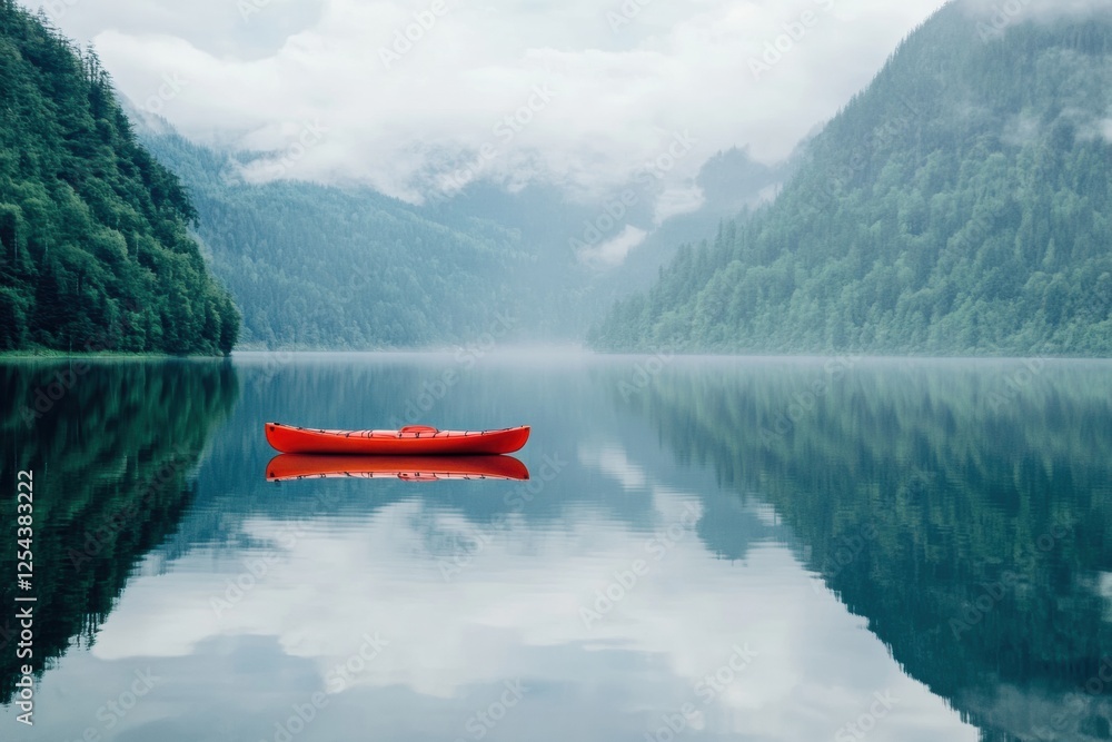 Poster lone kayak drifting on a calm mountain lake surrounded by mist and lush green forest in early mornin