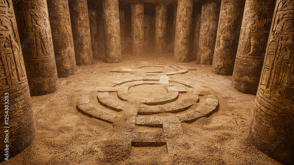 Poster intricate egyptian labyrinth with intersecting paths and elaborate pillars in mystical lighting