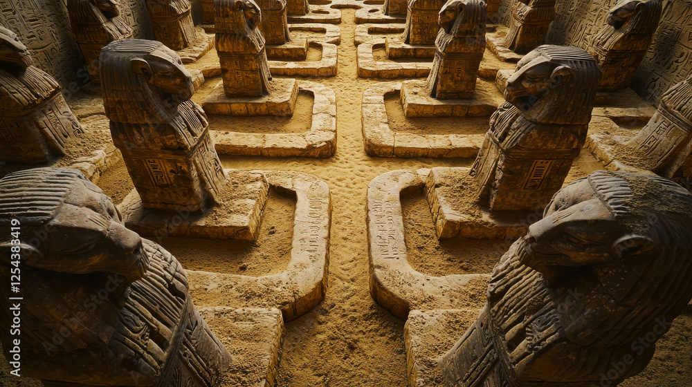 Poster intricate egyptian labyrinth with intersecting paths surrounded by ancient stone statues