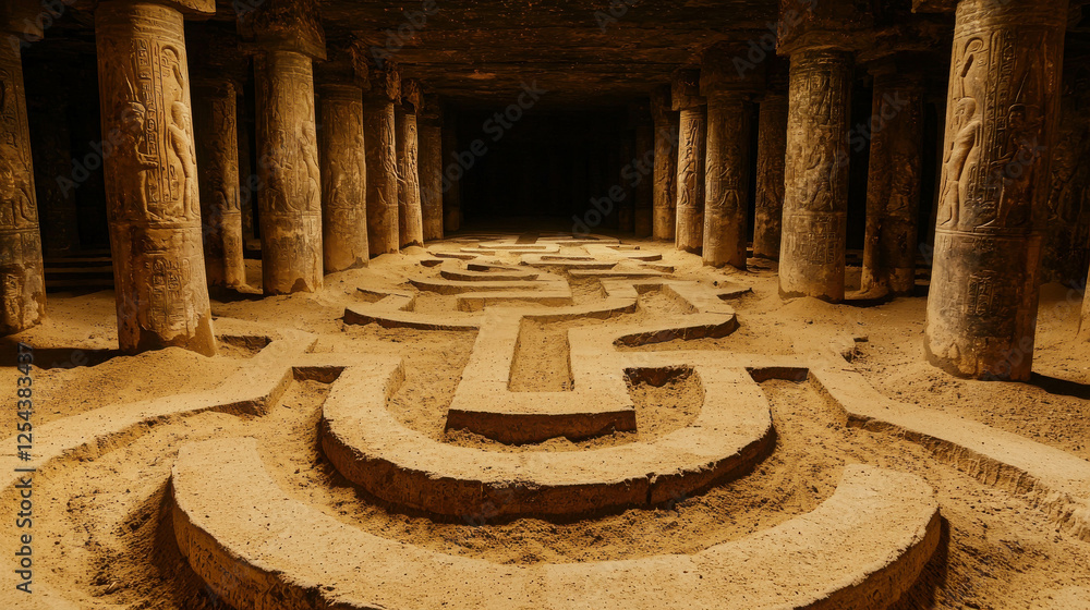 Poster intricate egyptian labyrinth with intersecting paths and stone pillars in a dimly lit setting