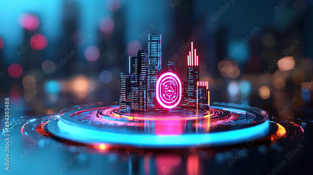 Poster futuristic cityscape with neon lights and digital interfaces showcases urban analytics and integrate