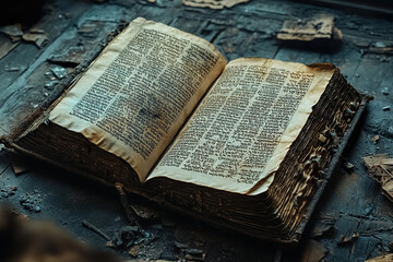Obraz premium An image of an old, thick book or Bible open on an old wooden table in a dark, old, broken cathedral with little light.