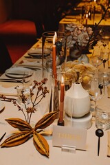 Romantic wedding tables dinner with candles light 