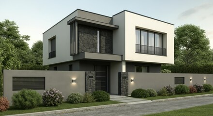 A large white house with a black stone facade and a white fence