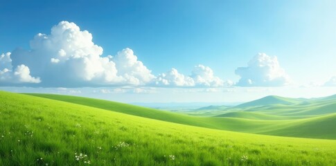Obraz premium Soft white clouds float above steppe landscape, serene, spring, clouds