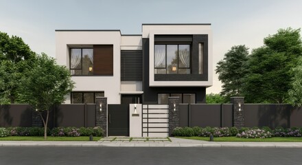 A large house with a black fence and a white trim