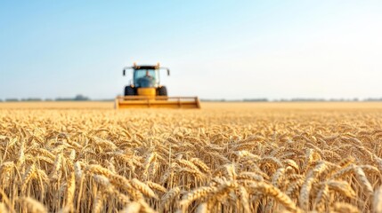 Obraz premium Golden Wheat Field With Tractor In Daylight