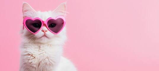 Fototapeta premium Adorable white cat wearing pink heart-shaped sunglasses against a pastel pink background perfect for Valentine’s Day themes pet-inspired projects and playful social media content