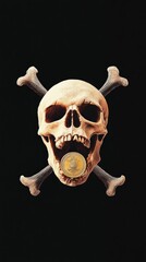 Skull with Crossbones and Coin, Symbolizing Danger and Greed Against a Black Background