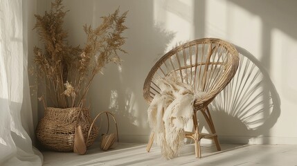 Cozy interior scene featuring a rattan chair adorned with soft textiles and decorative plants