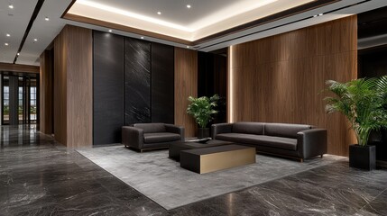 Fototapeta premium Modern luxury office lobby featuring dark leather sofas, wooden wall paneling, and marble flooring under warm recessed lighting.