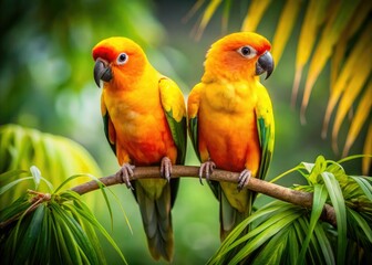 Fototapeta premium Golden parakeets perch gracefully on a branch, a vibrant AI-generated portrait.