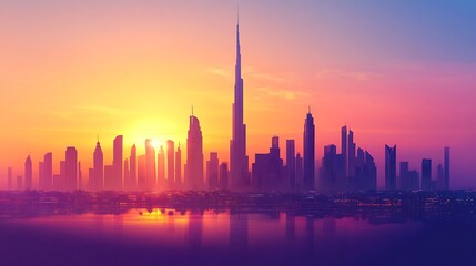 Obraz premium Dubai Skyline Sunset Cityscape Silhouette