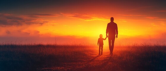 Fototapeta premium Father And Son Walking At Sunset Silhouette