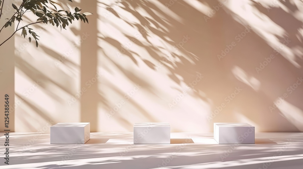 Poster minimalist abstract nature scene featuring empty stage with soft shadows and natural light from bran