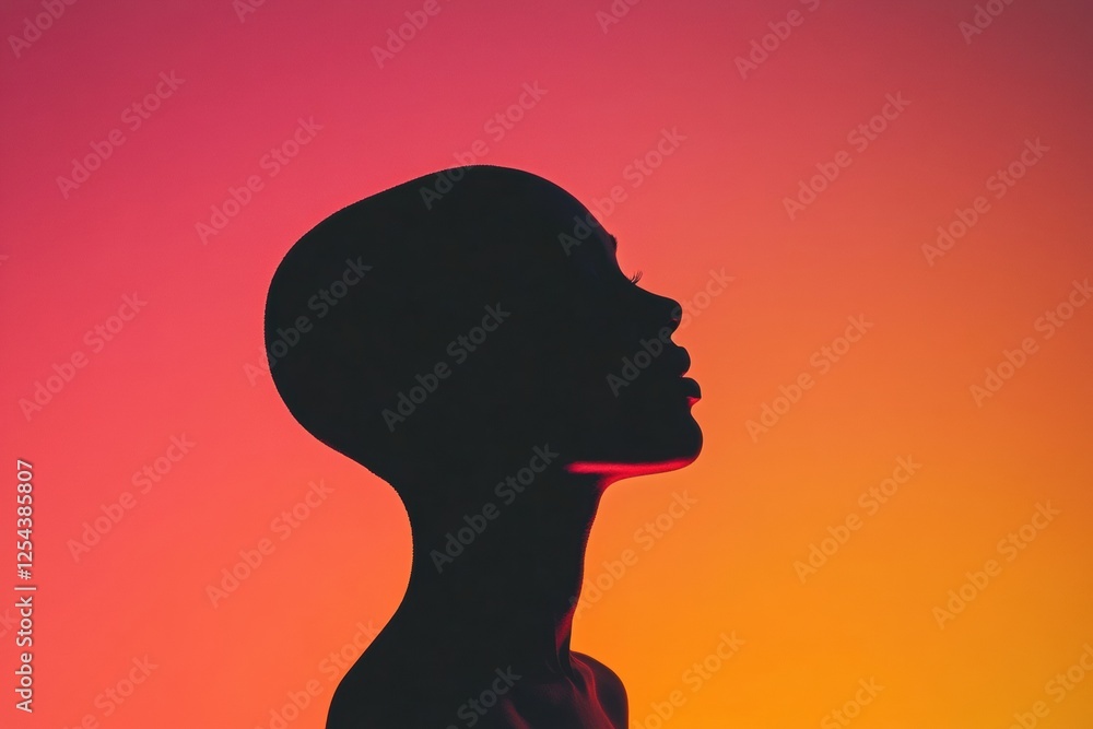 Fototapete silhouette of a person with bald patches against a colorful gradient background at dusk. generative 