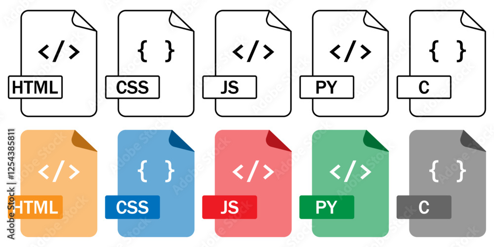 Poster collection of programming file format icons (html, css, js, py, c) in outline and color styles. perf