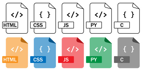 Collection of programming file format icons (HTML, CSS, JS, PY, C) in outline and color styles. Perfect for coding, web design, and development projects.
