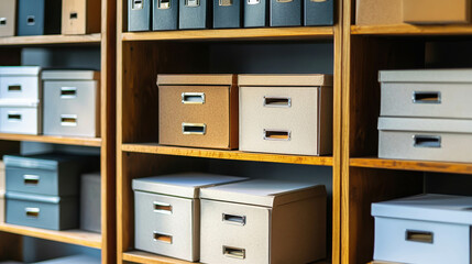Neatly Organized Office Shelf Filled with Labeled Storage Boxes for an Efficient Workspace