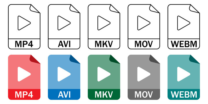 Video file format icons set. MP4 AVI MKV MOV WEBM symbols. Outline and color variants. Media file type collection for editing interface and playback systems.
