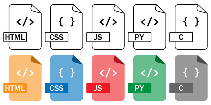 Collection of programming file format icons (HTML, CSS, JS, PY, C) in outline and color styles. Perfect for coding, web design, and development projects.